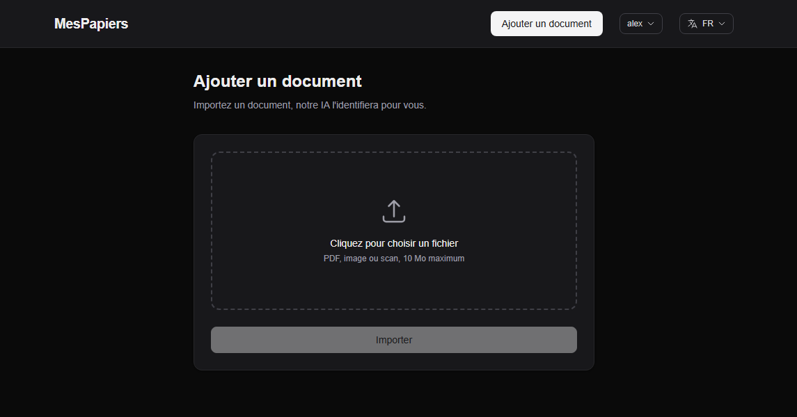 MesPapiers document upload page, where the AI identifies the imported document