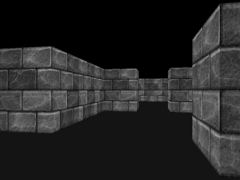 Vue à la première personne dans cub3D : couloirs aux murs de pierre texturés